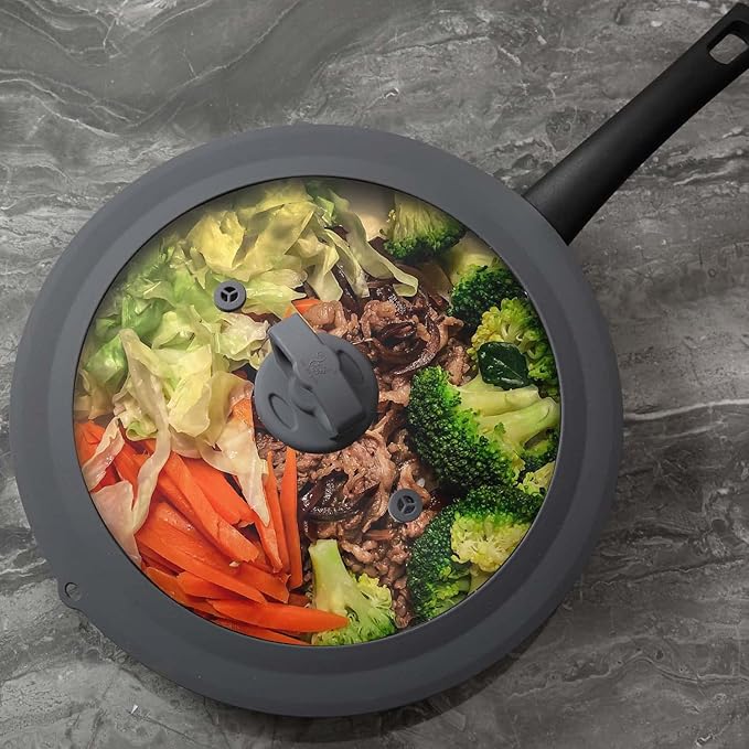 Vented Tempered Glass Universal Lid for Pot Pan Skillet with Heat Resistant Silicone Rim Microwave Splatter Lid Cover Microwave Safe Fit 11.5" 12" 12.5" Cookware, Dishwasher Safe Grey