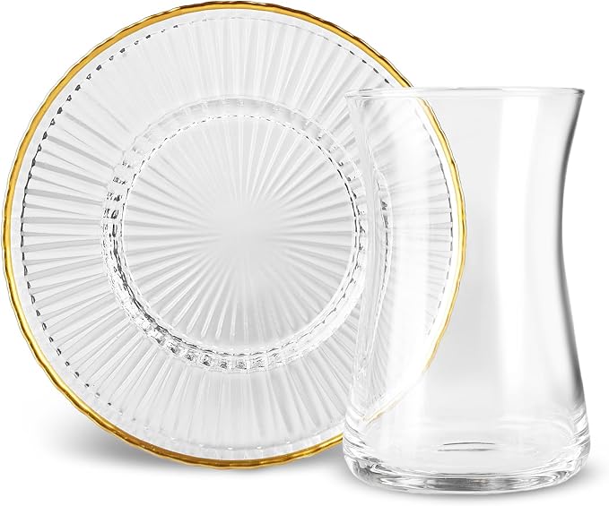 KARACA Nilufer 12-Piece Turkish Tea Glass & Saucer Set, 5.7 oz (170 ml) Gold Trim Clear Glass Tea Service for 6 People, Geometric Pattern Tulip Teacups with Saucers, Hand Wash Recommended