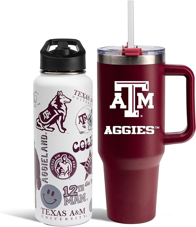 The Memory Company Officially Licensed NCAA 2-Pack Stainless Steel Tumbler Set, 34oz Team Spirit Water Bottle & 40oz Game Day Tumbler with Lid and Straw, BPA-Free Materials, Convenient Straw Design