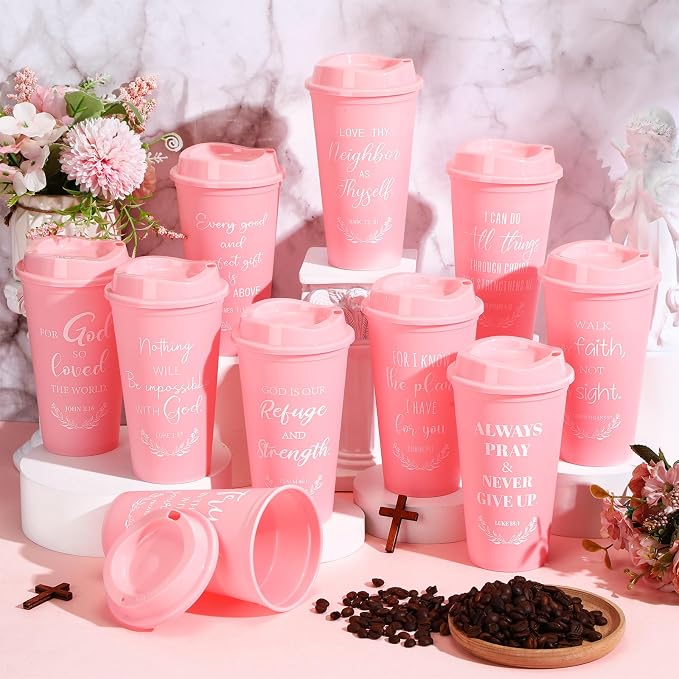 Skylety 20 Pack Bulk Christian Gifts for Men Women 16oz Reusable Bible Verse Tumbler Plastic Coffee Cup with Lid Inspirational Religious Church Gift for Teacher Graduation Party Favor (Pink)
