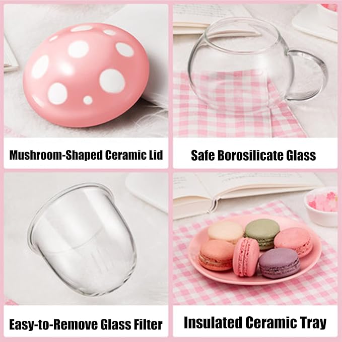 Mushroom Cup Cute Glass Tea Cup with Infuser and Lid Kawaii Mushroom Mug Set Coffee Teapot with Ceramic Coasters 11oz (Blue)