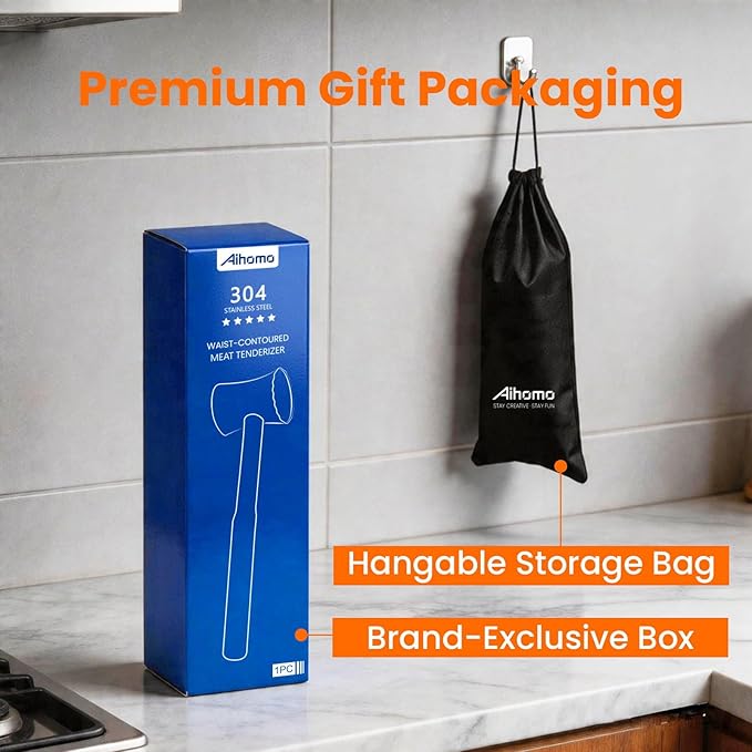 304 Stainless Steel Meat Tenderizer Mallet, Meat Hammer Dishwasher Safe with Storage Bag & Gift Box, Dual Sided Chicken Pounder for Steak, Beef, Poultry, Heavy Duty Kitchen Mallet