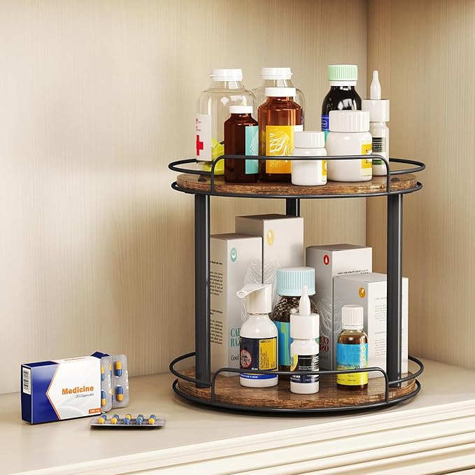 LAMU 2 Tier 9'' Lazy Susan and 10.2'' Wood Lazy Susan Turntable Organizer for Cabinet