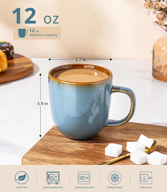 LERATIO Ceramic Coffee Mugs Set of 6,12oz Handmade Coffee Mugs Set with Large Handle for Cappuccino/Latte/Tea/Hot Cocoa,Dishwasher & Microwave Safe-Ocean Blue