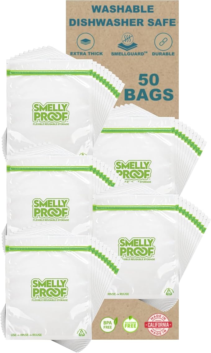 Smelly Proof Quart Food Storage Bags Bulk, 50-Pack Case, Made in USA, Reusable Freezer Bags, 3-mil, 8.5" x 10"