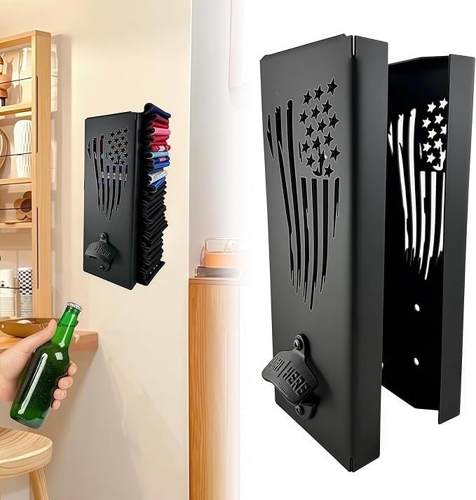2 in 1 Metal Can Cooler Holder with Bottle Opener - Wall Mount, Compatible with Standard Can Cooler, Beer Sleeves Organizer and Dispenser for Home Family Bar