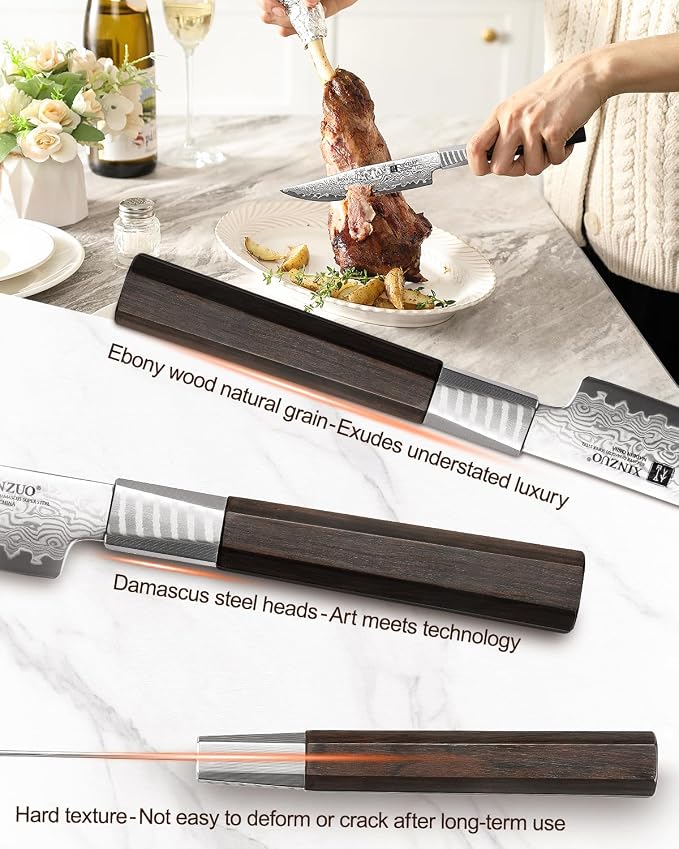 XINZUO Damascus Steel Non Serrated Steak Knife And Fork Set Of 2,67-Layer Damascus Steel Table Fork And Knife With Ebony Handle,Includes 5 Inch Steak Knife And Fork