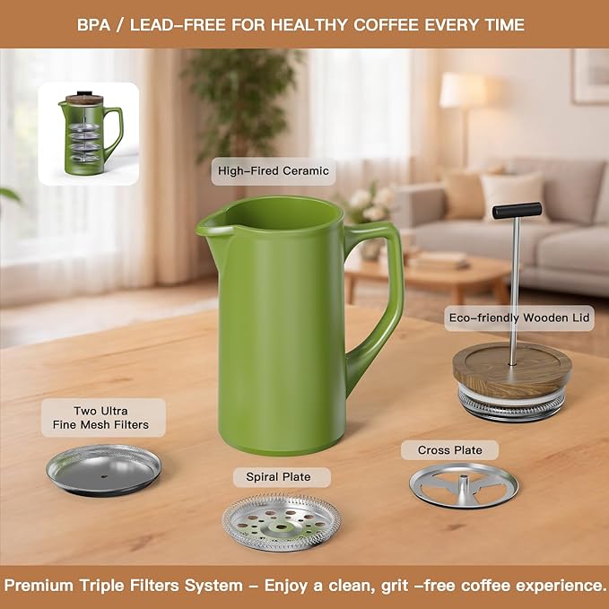 DHPO Ceramic French Press Coffee Maker, 22oz Single Serve Coffee Press with Walnut Wood Lid, Lead-Free, Food Grade Stainless Steel Filter with Dual Screen for Coffee and Loose Tea, Green