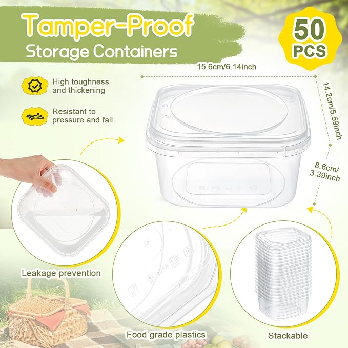 50 Pack 40 oz Deli Containers with Lids, Tamper Proof Leak Resistant Clear Plastic Food Storage Containers, Airtight Meal Prep Container for Soup Salad Tiramisu, Microwave & Dishwasher Safe