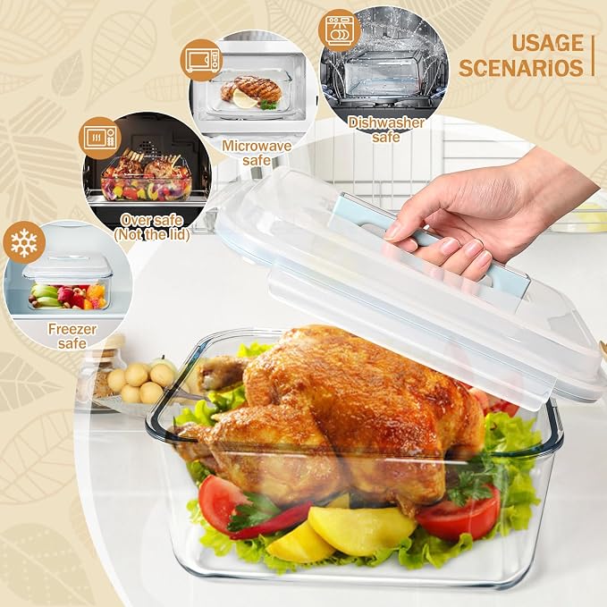 Extra Large Glass Storage Containers with Lids 200oz/6000ml/26cup | Silicone Mat Included | Borosilicate Glass | Airtight | Freezer Oven Dishwasher Safe | Rotisserie Chicken | XL Big Food Bowl