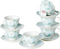 Porcelain Tea Cup and Saucer Set of 6 (12-Piece) – Ceramic 6oz Embossed Floral Cups with Gold Trim, Elegant Set for Afternoon Tea & Gifting