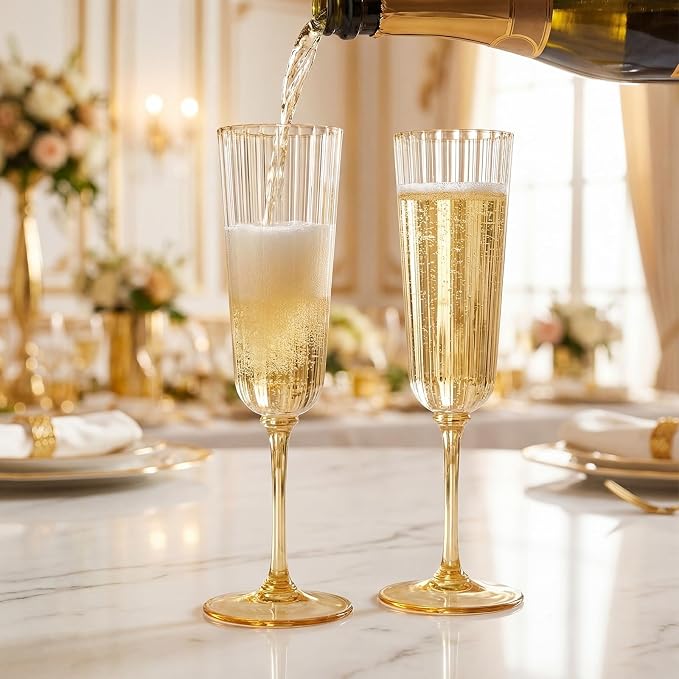Jingmore 12 Pcs Plastic Ribbed Champagne Flutes With Stem, 6.4 oz Clear Vintage Disposable Vintage Glasses for Wedding Birthday Anniversary (Gold)