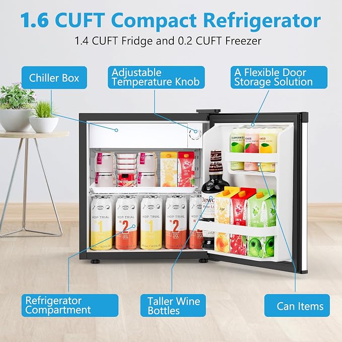 Electactic 1.6 Cu.ft Mini Fridge, Compact Single Reversible Door Refrigerator, Adjustable Thermostat, Ultra Quiet, Energy Efficient for Office, Dorm, Bedroom, Apartment -Silver