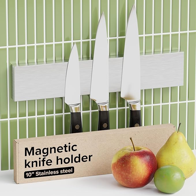 Knife Magnetic Strip 10" Steel – Magnetic Knife Holder for Wall no Screws – Kitchen Utensil Holder, Knife Bar, Knife Rack, Kitchen Organizer and Tool Holder