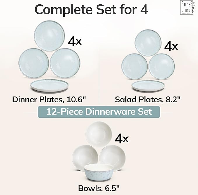 12 Piece Stoneware Dinnerware Set for 4 - Handmade Reactive Glaze Plates and Bowls Set - Chip & Scratch Resistant Dish Set - Dishwasher Microwave Safe - Light Beige & Blue
