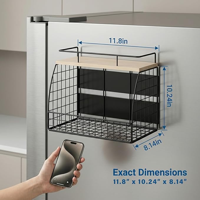 REFGY Magnetic Shelf for Fridge - 35LBS Max Load Magnetic Basket for Refrigerator Side, Large Magnetic Spice Rack with Removable Hooks & Top Natural Texture Board.