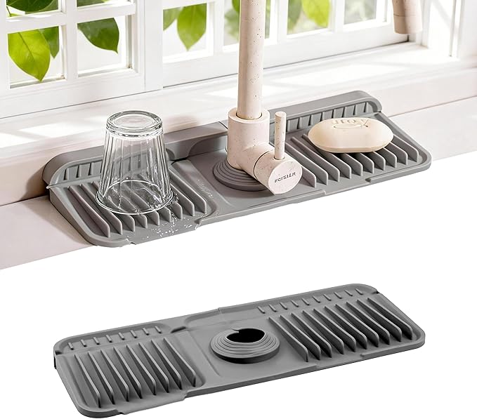 ZJWZLG Faucet Mat for Kitchen Sink, 14"X5.5" Silicone Sink Splash Guard with Soap Holder, Snap-On Design & 7°slope Fast Drain, Folding Sink Faucet Mat for Universal Kitchen Bathroom Sink（Grey）