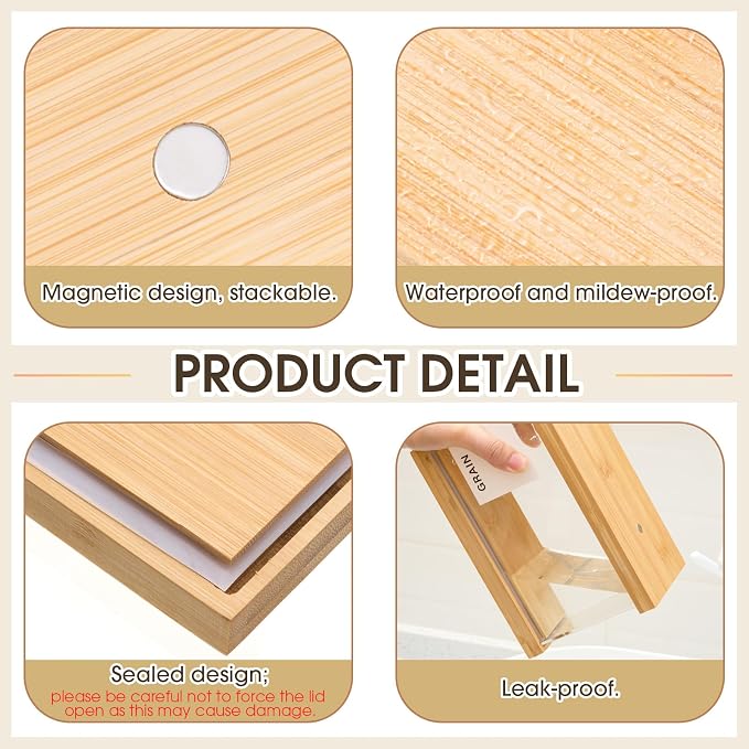 2 Pcs 2L Bamboo Food Dispenser Kitchen Organizers and Storage with Labels Airtight Pantry Organizers and Storage Container with Measuring Cups for Cereal, Rice, Flour, Sugar, Snack