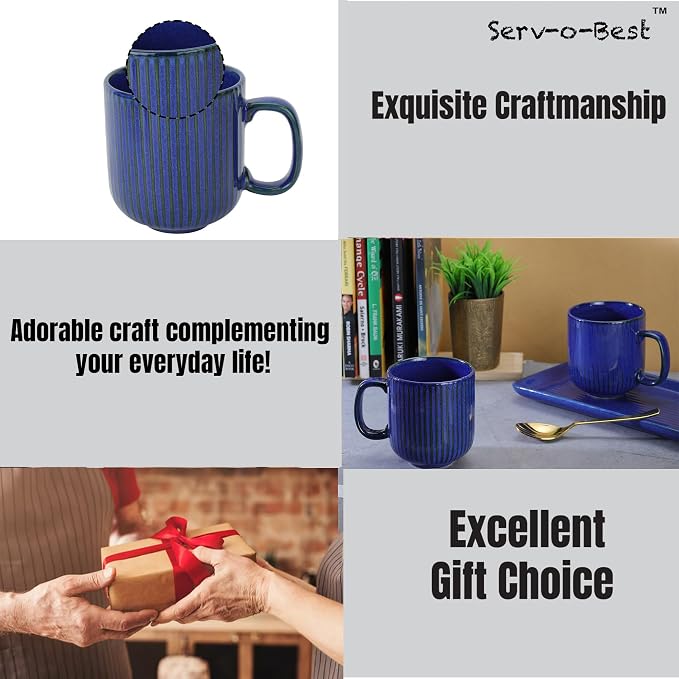 Ceramic Coffee Mugs with Handle Set – 2-Piece 11 Oz Ceramic Coffee Cups & 9" Tray, Handmade Midnight Blue Color, Microwave Safe Gift Set for Tea Lovers, Home Kitchen Décor