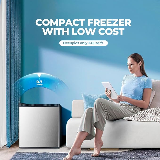 Electactic 1.1 Cu.ft Upright Freezer, Small Mini Freezer with Adjustable Thermostat, Removable Shelves, Reversible Single Door, for Bedroom/Home/Dorms/Apartment, Silver