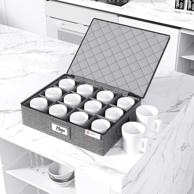 YearningHome Cup and Mug Storage Boxes with Dividers,Hard Shell Coffee Mug Organizer with Lid,Handles,Zips and Label Window for Coffee Mugs,Tea Cups,Packing and Moving,Hold 12,1 Pack, Grey