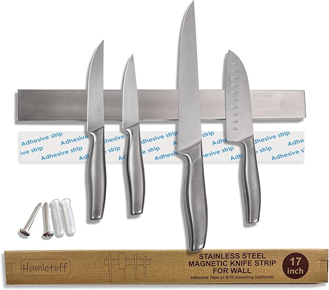 Premium Magnetic Knife Strip for Wall no Drilling – 17 Inch Stainless Steel Magnetic Knife Holder with Strong Adhesive Tape - Kitchen Magnet Knife Bar with Screws (Upgraded Version)