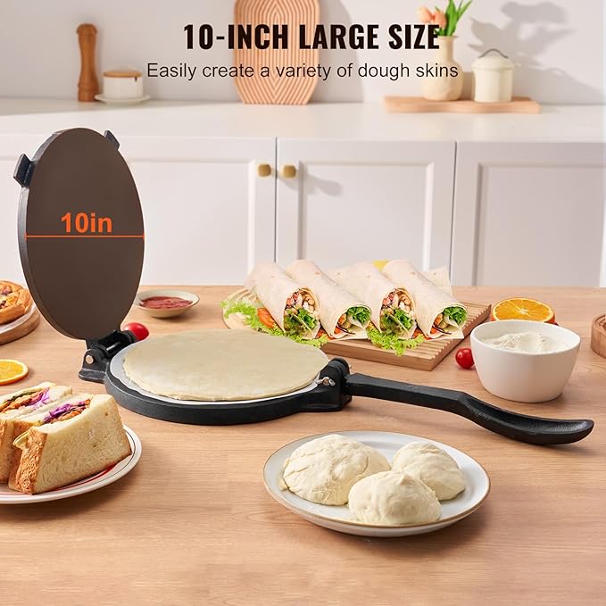 VEVOR Tortilla Press, 10 Inch Tortilla and Roti Maker, Cast Iron Heavy Duty Tortilladora Press, Pre-Seasoned Pataconera with 100 Pcs Parchment Paper, Dough Maker for Flour Tortilla, Tawa