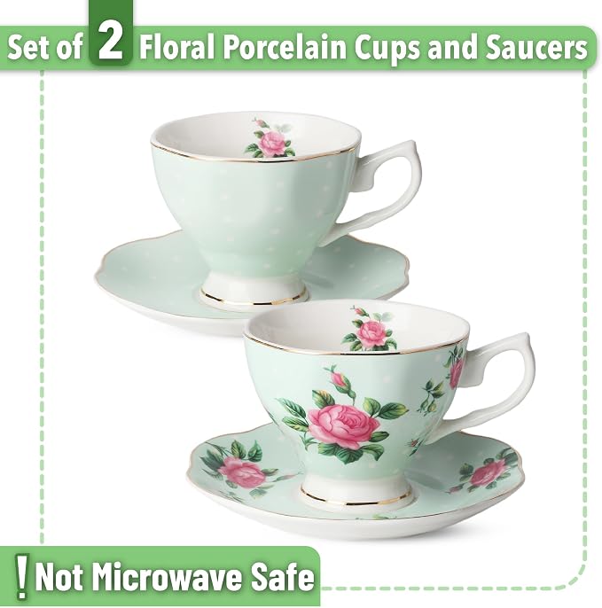 BTaT- Floral Tea Cups and Saucers, Set of 2, 8 oz, Fine Porcelain Teacup Set with Gold Trim for Afternoon Tea, Weddings, Parties & Gifting, Dishwasher Safe, Lightweight, Non-Toxic