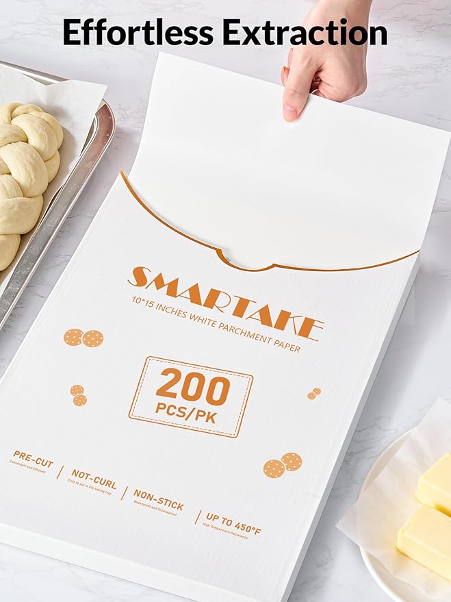 SMARTAKE 200 Pcs Parchment Paper Baking Sheets, 10x15 Inch Non-Stick Precut Baking Parchment, Suitable for Baking Grilling Air Fryer Steaming Bread Cup Cake Cookie and More (White)