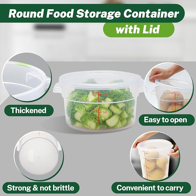 4 Pack 2Qt Round Polypropylene Food Storage Container with Lids Scale | NSF & BPA-free polypropylene, non-stick surface with readable scale. Come with labels & measuring cups.