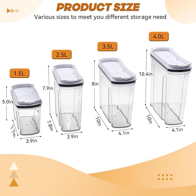 Cereal Containers Storage Set, Airtight Food Storage Container with Lid 4L/135.2oz,4PCS BPA-FREE Plastic Pantry Organization Canisters for Rice Cereal Flour Sugar Dry Food in Kitchen