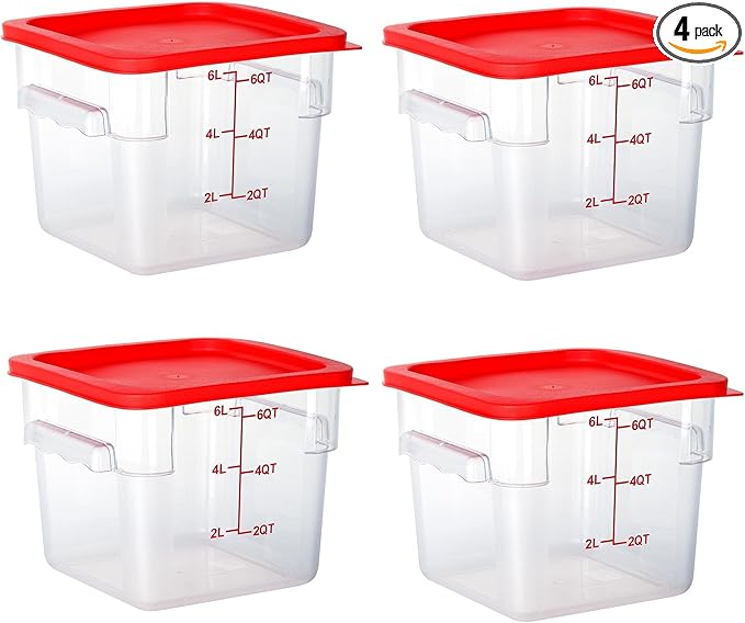 4 Pack 6 Qt Square Polycarbonate Food Storage Containers with Lids | Clear BPA-free PC with lids, side handles, measurement scale and stackable design; for food prep, storage and freezer use.