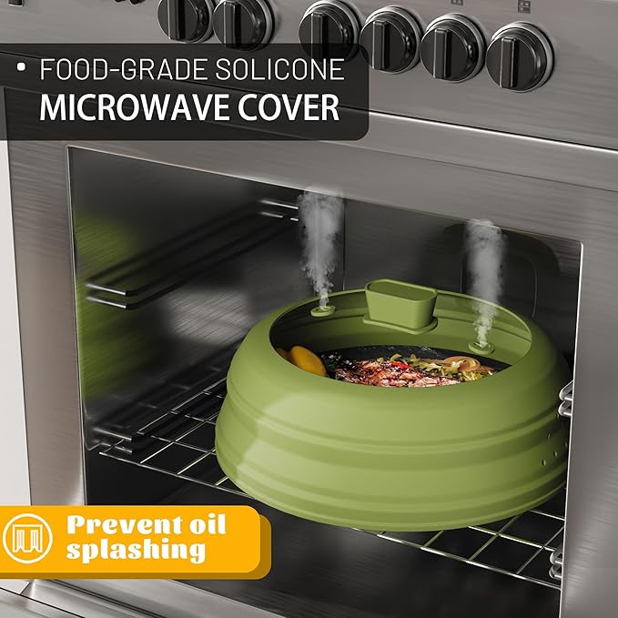 Microwave Splatter Cover, Vented Silicone and Glass Cover Splatter Guard Lid, Food Collapsible Plate Cover Lid with Easy Grip Handle. (Green, 9 inch)