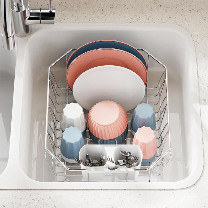 iSPECLE Small in Sink Dish Drying Rack - Stainless Steel Compact Inside Sink Dish Drainer for RV Apartment Kitchen, Rust Resistant, 11.6" W x 13.4" L, Silver