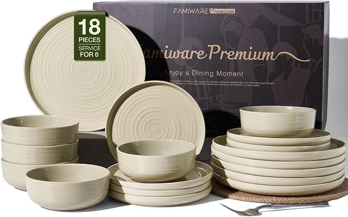 18-Piece Stoneware Dinnerware Sets for 6 - Coupe Plates and Bowls with Speckles & Spirals - Chip & Scratch Resistant, Microwave & Dishwasher Safe - Farmhouse Dishes - Gift Box, Honey