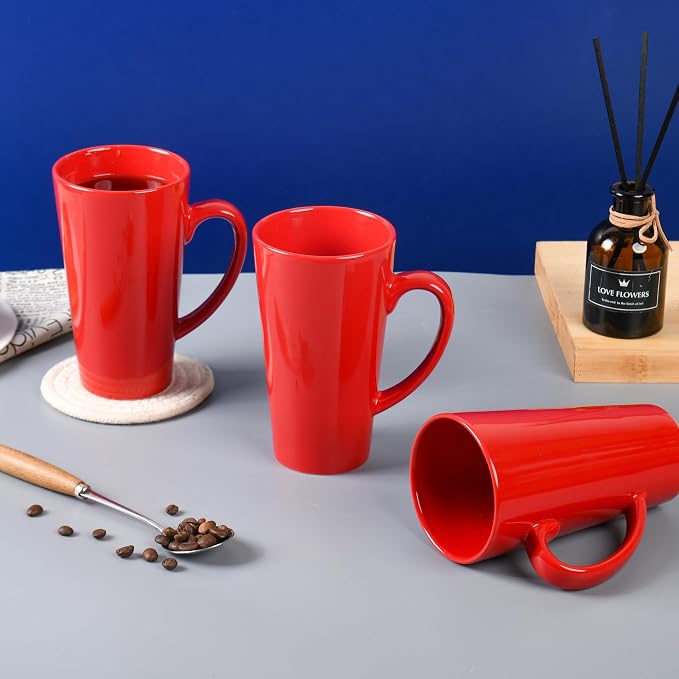 BYCNZB 16oz black Funnel Ceramic Tall Coffee Mugs for Coffee, Tea, Cocoa, Latte, Milk set of 4 (Red)