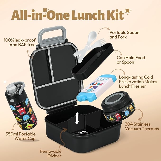 Itslife Bento Box for Kids Set, Insulated Food Container,Kids Lunch Box, 7 oz Thermos for Hot Food, 12 oz Thermos Water Bottle, Reusable Insulated Ice Bag & Fork Spoon Utensils Camping Travel Black