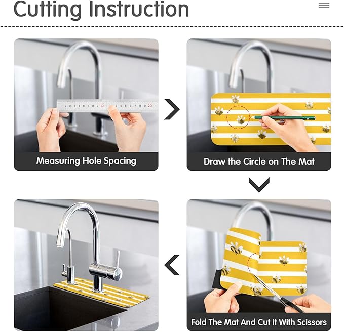 Kitchen Sink Splash Guard 1 PC 30 Inch Sink Faucet Mat Splash Guard for Bathroom Countertop Water Absorbent Foldable Cuttable Soft Washable Yellow and White Striped Bees01