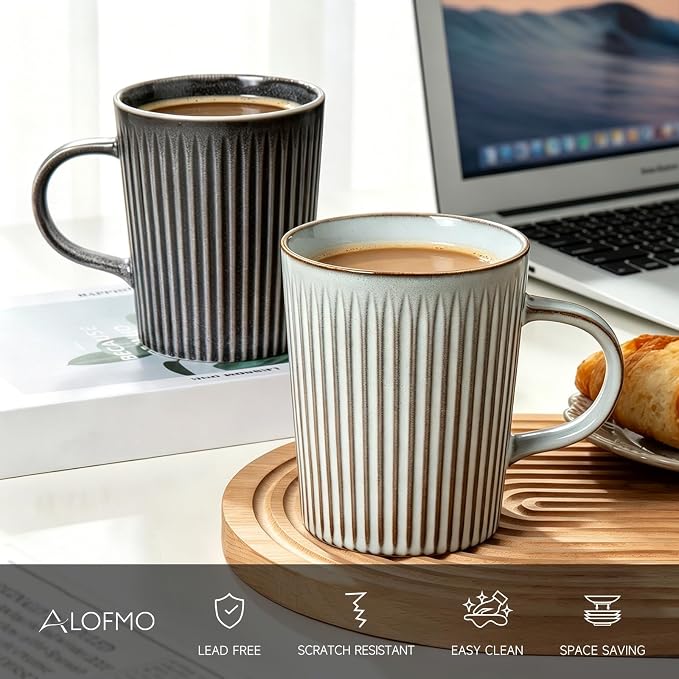 Coffee Mugs Set of 4 Modern Striped Stoneware Coffee Cups with Handle, Large Ceramic Gift Set for Women and Men, Dishwasher and Microwave Safe, 18oz for Hot Coffee, Tea, Cocoa, Milk
