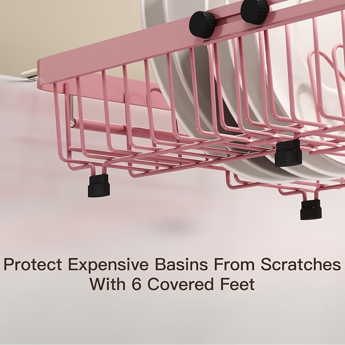 MAJALiS Pink Dish Drying Rack Over The Sink with Utensil Holder | Expandable Stainless Steel Dish Drainer for Small Kitchen, Apartment, RV, Counter Space Saving, Perfect Fit, Rustproof