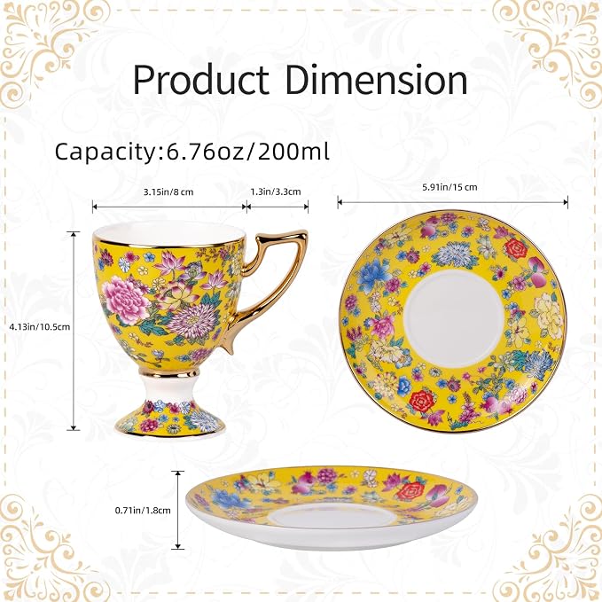 KAMMAK Tea Cups and Saucers Set of 2, Porcelain Coffee Cups, 7oz Stackable Espresso Mugs, Ceramic Demitasse for Coffee, Latte, Americano, Tea (622N)