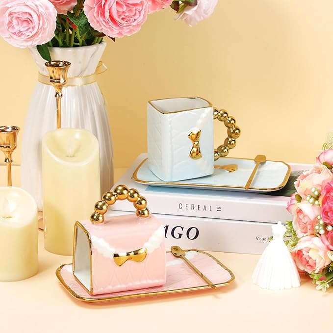 Nitial 2 Sets Mug and Saucer Set Handbag Shaped Ceramic Tea Cup with Saucer Spoon 10 oz/ 310 ml Purse Gift Mug for Office Home Coffee (Pink, Blue)