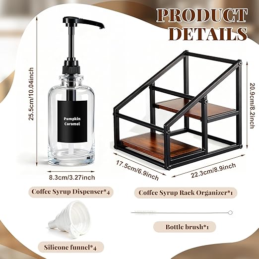 Coffee Bar Accessories, 4 Pack 16.9oz/500ml Coffee Syrup Dispenser with 1/4oz Pump, 2-tier Syrup Rack Organizer, Labels, Straw Brushes, Funnels for Kitchen Countertop, Wine, Dressing Storage