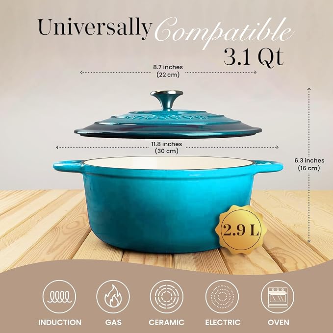 Cast Iron Dutch Oven with Lid - Non-Stick Ovenproof Enamelled Casserole Pot - Sturdy Dutch Oven Cookware - Blue, 3.1-Quart, 22cm- by Nuovva