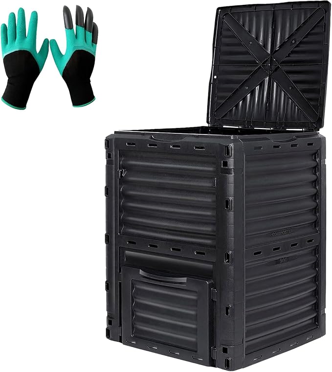 Compost Bin Outdoor 80 Gallon (300L) Large Compost Bin Composter with w/Top Flip Latch-on Lid BPA-Free Composter Barrel for Garden, Kitchen, and Yard Waste, Black, Easy Assembly
