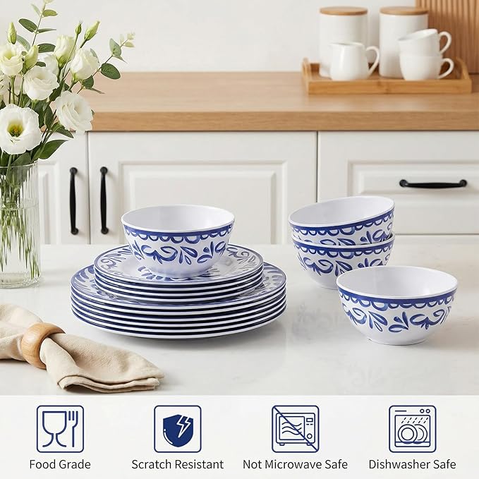12-Piece Melamine Plates and Bowls Set - Blue & White Dinnerware Set， Service for 4, Lightweight Melamine Dishes Set for Indoor and Outdoor Use，Artistic Blue Floral