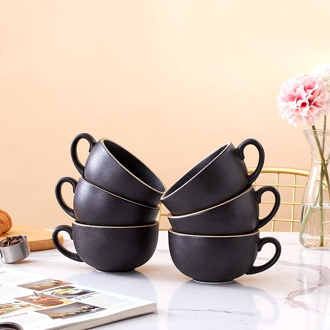 Coffeezone Set of 6 Cups Vintage Design 12 oz Professional Barista Ceramic Latte Art Cappuccino Cups Set (Rough Black * 6)