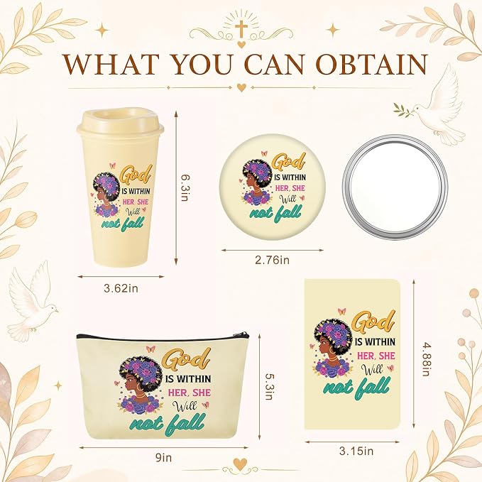 Hollowfly 12set/48pcs African Americans Black Women Christian Gifts Set Include 16oz Coffee Cup with Lid, Makeup Bags, Mirrors, Notepad, Black Owned Inspirational Gift for Women(Morandi)