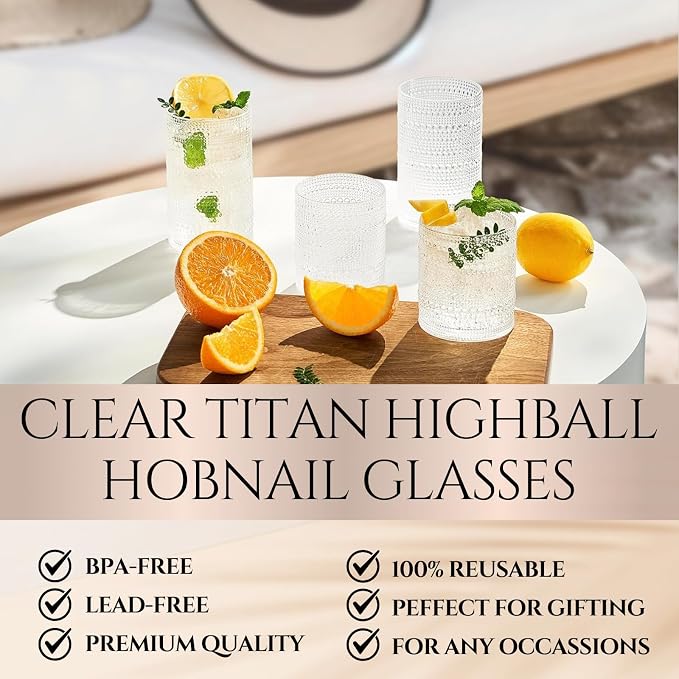 Khen Plastic Hobnail Drinking Highball Glasses Set of 6 Clear Color Cups 14oz, Shatterproof & Unbreakable Acrylic Beaded Design, BPA-Free, Dishwasher Safe Indoor/Outdoor Drinkware for Water, Cocktails