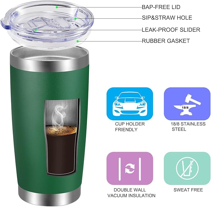 VEGOND 20oz Tumbler with Lid and Straw Stainless Steel Tumbler Cup Bulk Vacuum Insulated Double Wall Travel Coffee Mug Powder Coated Coffee Cup, Dark Green, 6 Pack